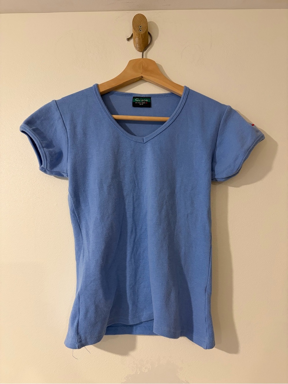 Vintage cropped V-Neck Short Sleeve cotton Top in Light Blue